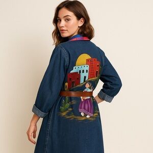 Hand-Painted Southwestern Denim Duster Coat –Vanderbilt by Hermans – Made in USA
